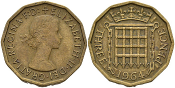 Великобритания 3 пенса 1964 Елизавета II (1952-2022) KM 900, Spink 4153 никель латунь 4146-352