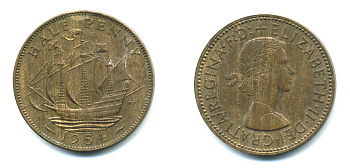 Великобритания 1/2 пенни 1954 Елизавета II (1952-2022) KM 896, Spink 4158 бронза 4383-1035