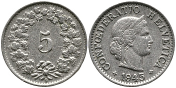 ШВЕЙЦАРИЯ 5 РАППЕНОВ 1945 В KM 26 медно-никель 4532-144
