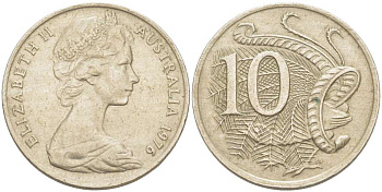 Австралия 10 центов 1976 Елизавета II (1952-), птица лирахвост KM 65 медно-никель 4519-417