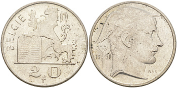 Бельгия 20 франков 1951 Бодуэн I (1951-1983), BELGIE KM 141.1 серебро 106-647