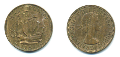 Великобритания 1/2 пенни 1954 Елизавета II (1952-2022) KM 896, Spink 4158 бронза 4383-1035