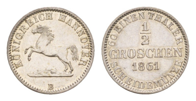 Ганновер 1/2 гроша 1861 B, Георг V (1851-1866) KM 235, AKS 151, J. 92 серебро  aUNC  1527-441