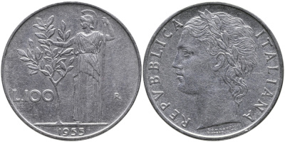 ИТАЛИЯ 100 ЛИР 1955 R, АФИНА KM 96.1 нержавеющая сталь 97-536