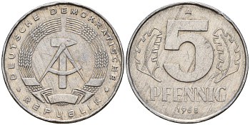 ГДР 5 пфеннигов 1968 A KM 9.1 алюминий 211-1148