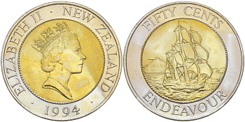 Новая Зеландия 50 центов 1994 Елизавета II (1952-2022), парусник Индевор KM 90 биметалл UNC 1522-931
