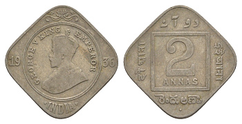 Британская Индия 2 анны 1936 Георг V (1910-1936) KM 516 медно-никель 75-1856