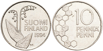 ФИНЛЯНДИЯ 10 ПЕННИ 1994 М, ЛАНДЫШ KM 65 медно-никель 192-1143