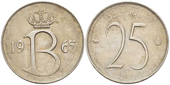 Бельгия 25 сантимов 1965 Belgique, Бодуэн I (1951-1993) KM 153.1 медно-никель 718-267