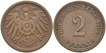 ГЕРМАНИЯ 2 ПФЕННИГА 1905 A KM 16, J. 11, Weege 4 медь 206-512