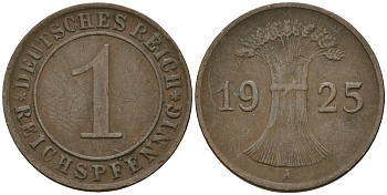 Германия 1 рейхспфенниг 1925 A KM 37, J. 313 бронза 4189-1065
