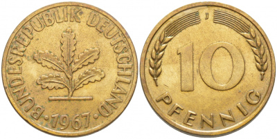 ФРГ 10 ПФЕННИГОВ 1967 J KM 108, J. 383 сталь плакированная латунью 4127-624