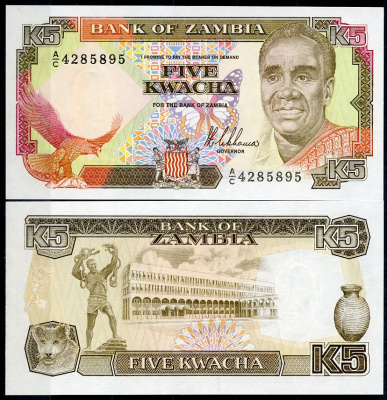 Замбия 5 квач ND (1989) Кеннет Каунда, лев Pick 30 a  бумага  UNC (пресс) 448-83-2