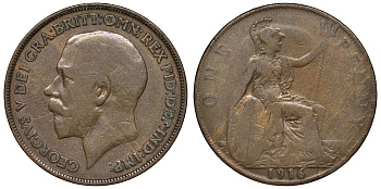 Великобритания 1 пенни 1916 Георг V (1910-1936) КМ 810, Spink 4051 бронза 71-1443