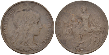 ФРАНЦИЯ 5 САНТИМОВ 1907 ТИП ДАНИЭЛЬ ДЮПЮИ KM 842, LE FRANC 119.17 бронза 28-616