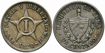 Куба 1 сентаво 1920 звезда, первая Республика (1902-1961) KM 9.1 медно-никель 100-325