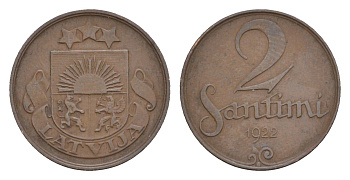 Латвия 2 сантима 1922 KM 2 бронза 4658-1142