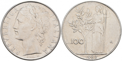 ИТАЛИЯ 100 ЛИР 1982 R АФИНА KM 96.1 сталь 186-216