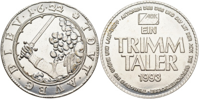 ФРГ медаль 1993 1 trimm taler, диаметр 40 мм., серебрение сталь 01-084-13