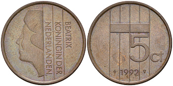 Нидерланды 5 центов 1992 Беатрикс (1980-2013) КМ 202 бронза    4602-523