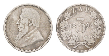 ЮАР 3 пенса 1894 ZAR, Трансвааль, Крюгер KM 3 серебро 4655-244