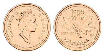 Канада 1 цент 1992 Елизавета II (1952-2022), кленовый лист, 125 лет Конфедерации Канада KM 204 бронза BU 4639-367