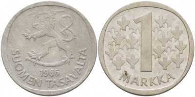 Финляндия 1 марка 1966 S KM 49 серебро 3718-717