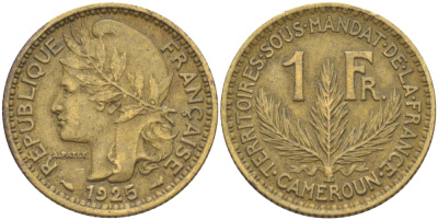 Французский Камерун 1 франк 1925 (а), монетный двор Париж KM 2 алюминиевая бронза 34-737
