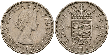 Великобритания 1 шиллинг 1958 Елизавета II (1952-2022), Английский герб KM 904, Spink 4147 медно-никель 4187-1056