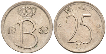 Бельгия 25 сантимов 1968 Belgique, Бодуэн I (1951-1993) KM 153.1 медно-никель 4564-138