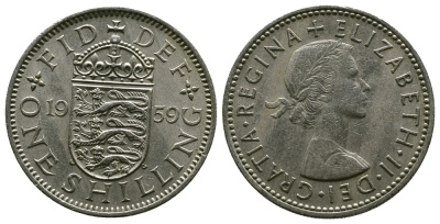 Великобритания 1 шиллинг 1959 Елизавета II (1952-2022), Английский герб KM 904, Spink 4147 медно-никель 4384-412