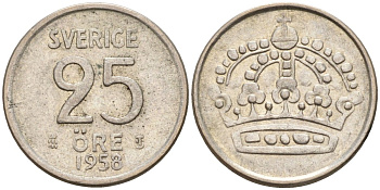 Швеция 25 эре 1958 TS, Густав VI Адольф (1950-1973) KM 824 серебро 4147-1062