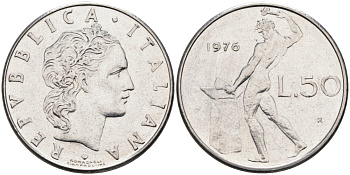 ИТАЛИЯ 50 ЛИР 1976 R, БОГ ОГНЯ ВУЛКАН У НАКОВАЛЬНИ КМ 95.1 нержавеющая сталь 4573-222