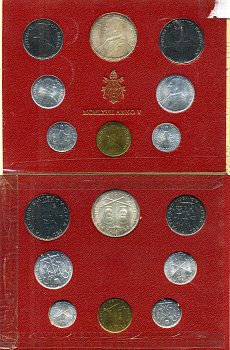 Ватикан набор из 8 монет 1967 1, 2, 5, 10, 20, 50, 100, 500 лир, в оригинальном буклете KM MS71 серебро UNC 8-1-01-03