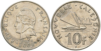 Французская Новая Каледония 10 франков 2008 рыбачья парусная лодка, (IEOM) KM 11a, Schoen 13a, Lec 99k медно-никель 60-757