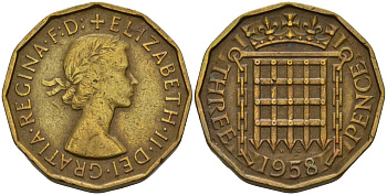 Великобритания 3 пенса 1958 Елизавета II (1952-2022) KM 900, Spink 4153 никель латунь 4153-736
