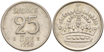 Швеция 25 эре 1958 TS, Густав VI Адольф (1950-1973) KM 824 серебро 4147-1062