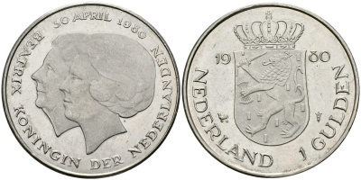 Нидерланды 1 гульден 1980 на коронацию Беатрикс, 30 апреля 1980 KM 200 никель 94-657