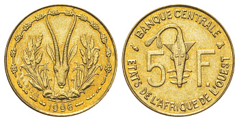 Западная Африка (BCEAO) 5 франков 1996 KM 2a медь алюминий никель UNC 4617-422