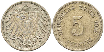 ГЕРМАНИЯ 5 ПФЕННИГОВ 1913 G KM 11, J. 12, Weege 6 медно-никель 206-1023