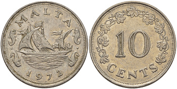 Мальта 10 центов 1972 баржа Великого магистра KM 11 медно-никель 82-314