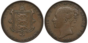 Джерси 1/13 шиллинга 1841 Виктория (1837-1901), большой формат, первый год KM 3 медь    650-714
