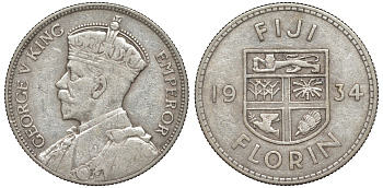 Фиджи 1 флорин 1934 Георг V (1910-1936), герб Фиджи KM 5 серебро    91-1112