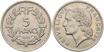 Франция 5 франков 1935 KM 888 никель 4144-424