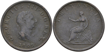 Великобритания 1/2 пенни 1806 Георг III (1760-1820) KM 662, Spink 3781 медь 81-1112