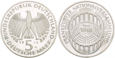ФРГ 5 МАРОК 1973 G, 125 ЛЕТ ФРАНКФУРТСКОМУ ПАРЛАМЕНТУ KM 137, J. 412 серебро UNC 4545-1125