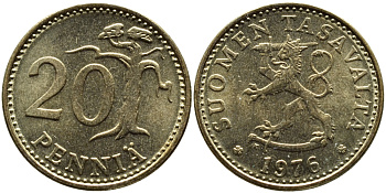 ФИНЛЯНДИЯ 20 ПЕННИ 1976 K KM 47 алюминиевая бронза 36-1257