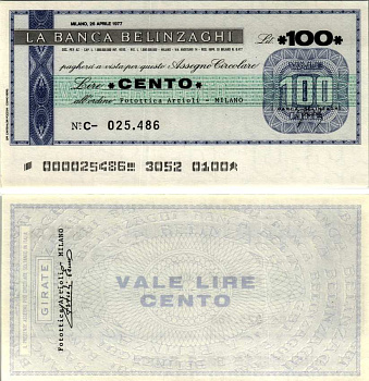 Италия 100 лир 1977 26 апреля 1977 La Banca belinzaghi, Milano бумага UNC (пресс) 7222-3-3-2