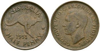 Австралия 1/2 пенни 1951 Георг VI (1936-1952), кенгуруKM 42 медь 4167-747
