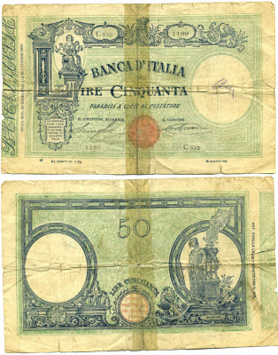 Италия 50 лир 1926 Pick 47а бумага 2192-80-1